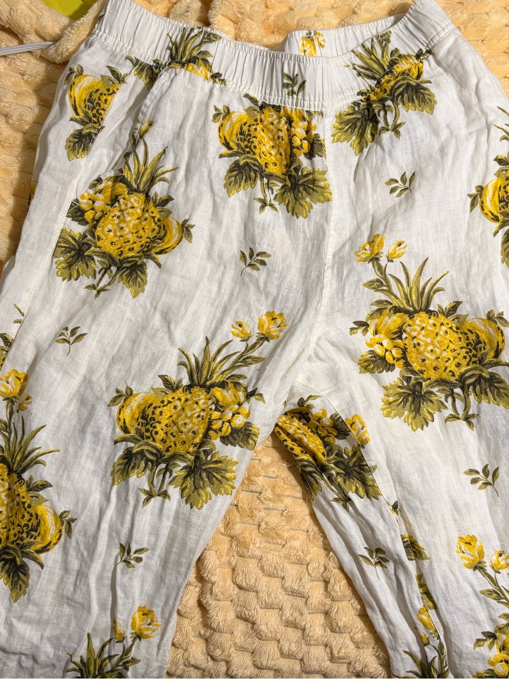 Pineapple Print 100%  linen Pants - Yellow on White